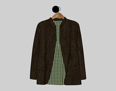 Brown Open Front Coat With Green Checkered Inner Layer And Side Pockets 3d model