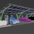 Solar Canopy EV Parking Lot With Charging Stations And Parked Cars