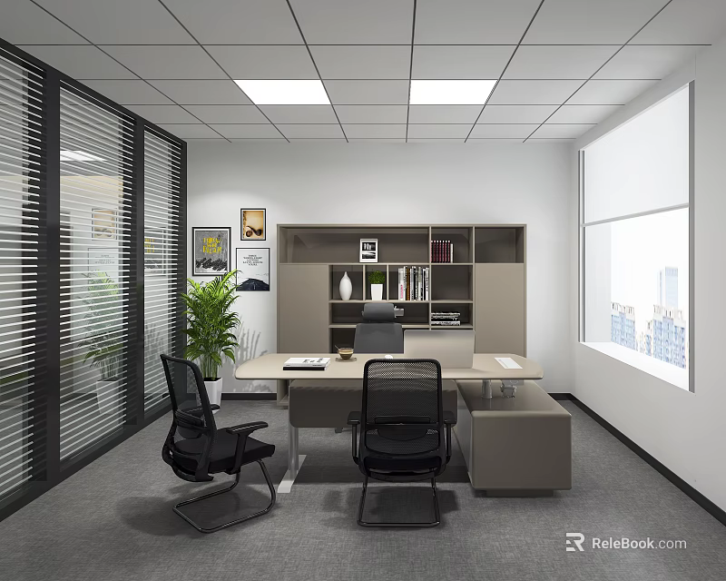 Modern Office Interior With Desk Black Chairs Bookshelf Blinds Potted Plant And City View Window 3d model 