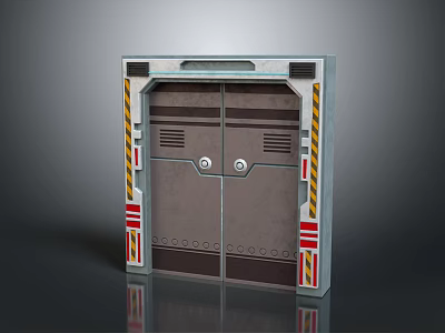 Futuristic Industrial Double Door Structure With Metallic Frame Warning Stripes And Circular Controls 3d model