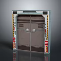 Futuristic Industrial Double Door Structure With Metallic Frame Warning Stripes And Circular Controls