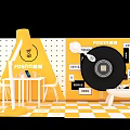 FOSHIN Brand Display Setup With Yellow Background White Table And Vinyl Record