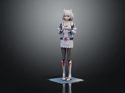 Anime Cat Ear Character With White Hair In White Gray Outfit Standing On Dark Platform 3d model
