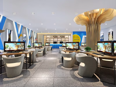 Modern Internet Cafe Interior With Multiple Computers Comfortable Seats And Stylish Lighting 3d model