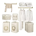 Elegant White Bathroom Cabinetry With Glass Doors Hanging Robes Storage Baskets Washer And Dryer