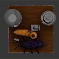 Wooden Workbench Display with Purple Beetle Orange Device and Transparent Jar Setup