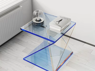 Modern Transparent Side Table with Blue Frame and Z shaped Layers Holding Books and Decorative Glass 3d model