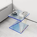 Modern Transparent Side Table with Blue Frame and Z shaped Layers Holding Books and Decorative Glass