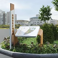 Outdoor Directional Signage With Wooden Frame White Panel Map Design Green Plants And Surrounding Buildings
