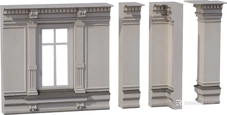 Stylish Casement Window With Classical Decorative Frame And Side Column Details 3d model