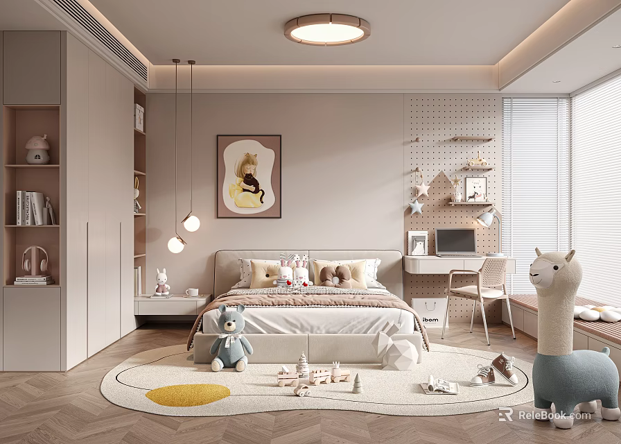 Kids Room Interior Design With Bed Pillows Rug Toys Llama Toy Bookshelf Desk And Chair 3d model 
