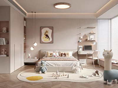 Kids Room Interior Design With Bed Pillows Rug Toys Llama Toy Bookshelf Desk And Chair 3d model