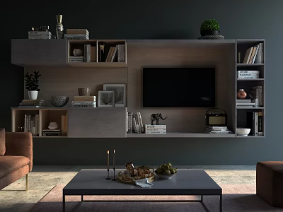 Modern Living Room Interior With TV Wall Unit Bookshelves And Coffee Table Decor 3d model