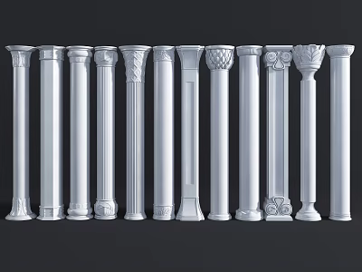 Row of Classical Roman Columns with Various Ornate Designs and Intricate Patterns 3d model