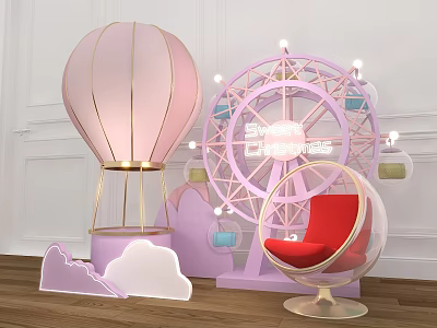 Photo Spot With Pink Hot Air Balloon Purple Ferris Wheel Red Spherical Chair And Clouds 3d model