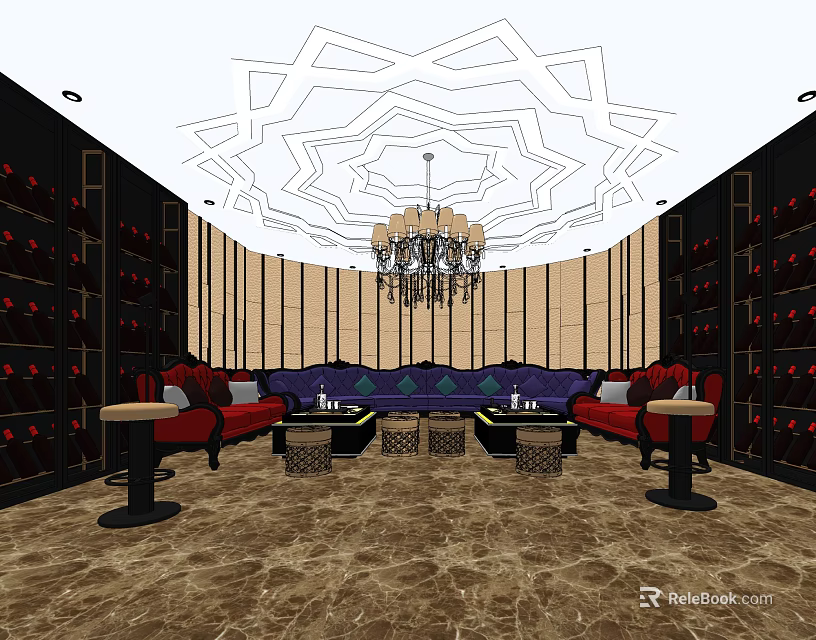Luxurious KTV Interior With Purple Sofas Crystal Chandelier Decorative Ceiling And Wine Racks 3d model 