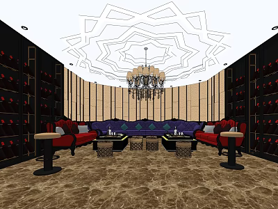 Luxurious KTV Interior With Purple Sofas Crystal Chandelier Decorative Ceiling And Wine Racks 3d model