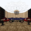 Luxurious KTV Interior With Purple Sofas Crystal Chandelier Decorative Ceiling And Wine Racks