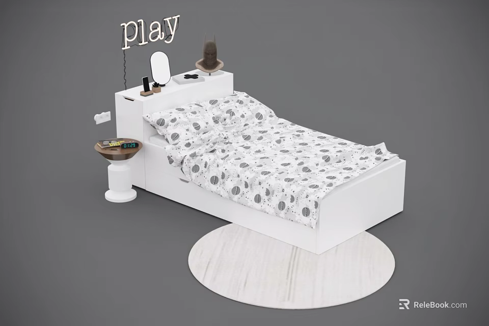 Single Bed with Patterned Bedspread Play Neon Sign Table Lamp Mirror Nightstand and Round Rug 3d model