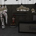 Anime Character Figurines On Colorful Platforms With Display Shelves And Hanging Lamps