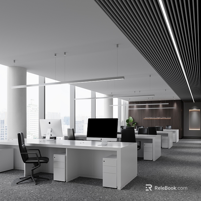 Modern Open Public Office Interior With Large Windows White Desks Computers And Green Plants 3d model 