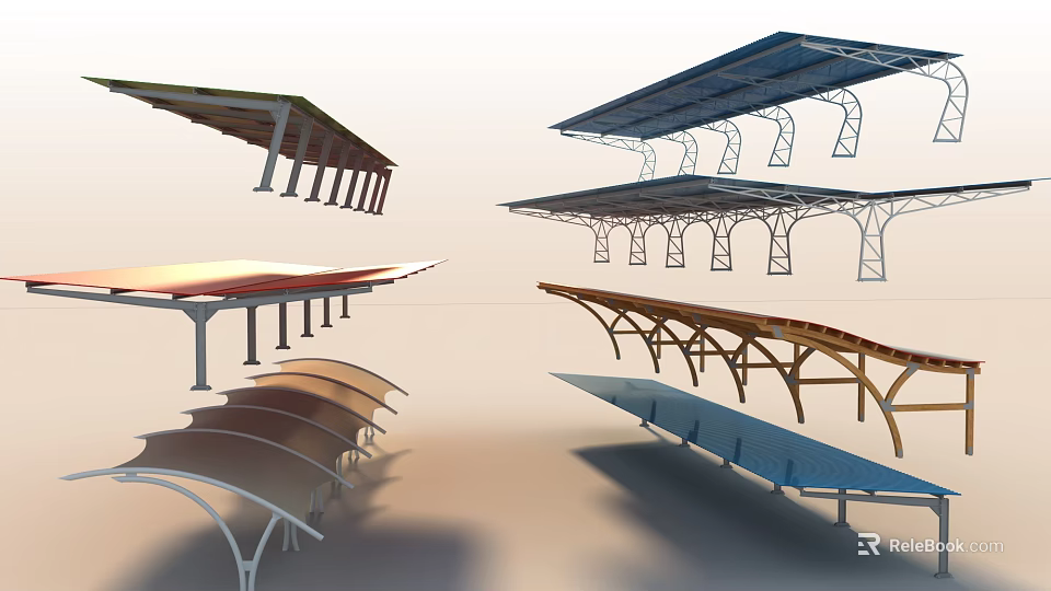 Various Modern Canopies With Metal And Wooden Support Frames For Outdoor Spaces 3d model 