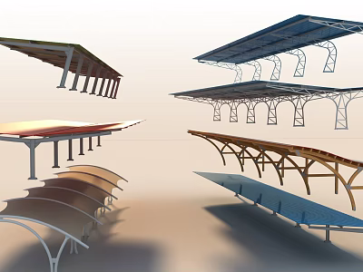 Various Modern Canopies With Metal And Wooden Support Frames For Outdoor Spaces 3d model