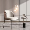 Modern Table and Chair Set with Comfortable Seats Striped Wall and Hanging Lamp