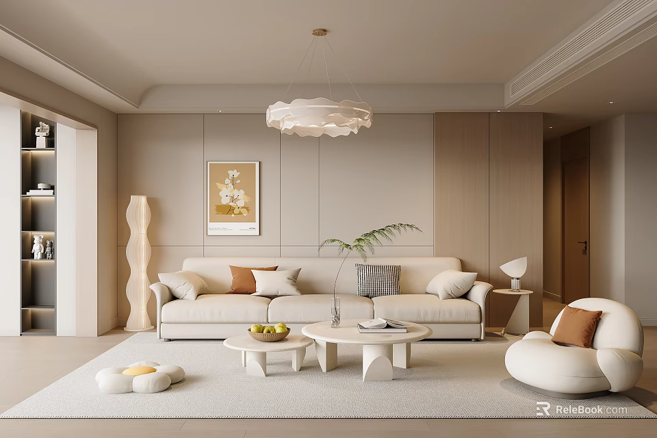 Modern Living Room Interior Design With Beige Sofa Coffee Table Chandelier And Artwork 3d model 