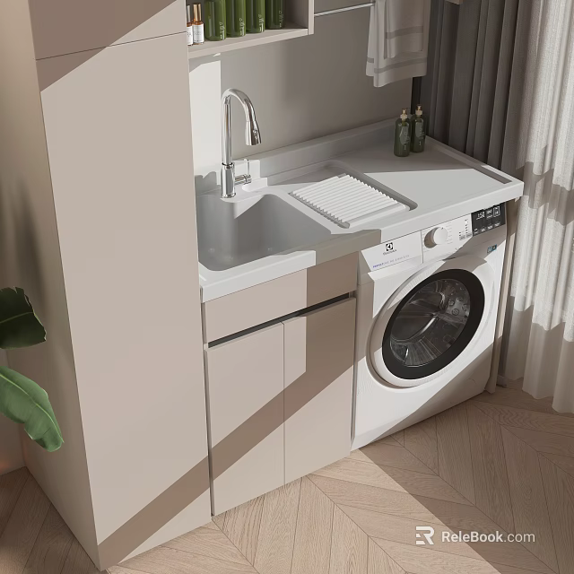 Home Balcony Functional Area With Washing Machine Sink White Cabinets Curtain And Green Plant 3d model 