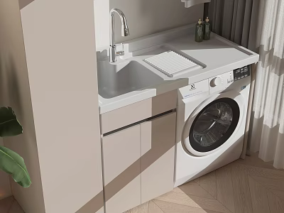 Home Balcony Functional Area With Washing Machine Sink White Cabinets Curtain And Green Plant 3d model