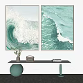 Green Wave Paintings On Wall With White Console Table And Decor