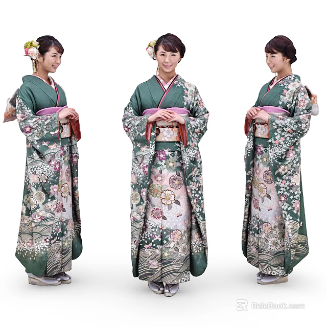 Women Wearing Green Kimono With Floral Patterns And Red Obi With Traditional Hair Accessories 3d model 