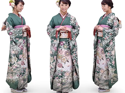 Women Wearing Green Kimono With Floral Patterns And Red Obi With Traditional Hair Accessories 3d model