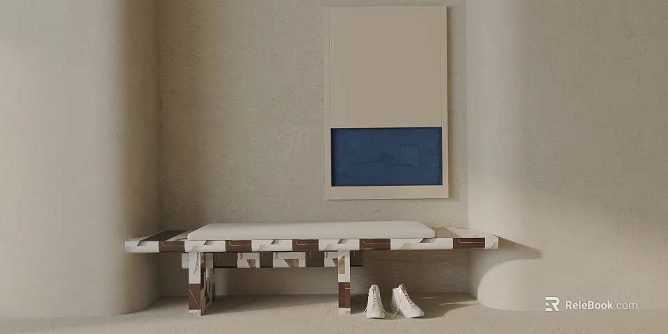 Wooden Bench With Geometric Design Light Cushion And White Shoes By Wall Art 3d model 
