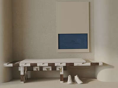 Wooden Bench With Geometric Design Light Cushion And White Shoes By Wall Art 3d model