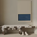 Wooden Bench With Geometric Design Light Cushion And White Shoes By Wall Art