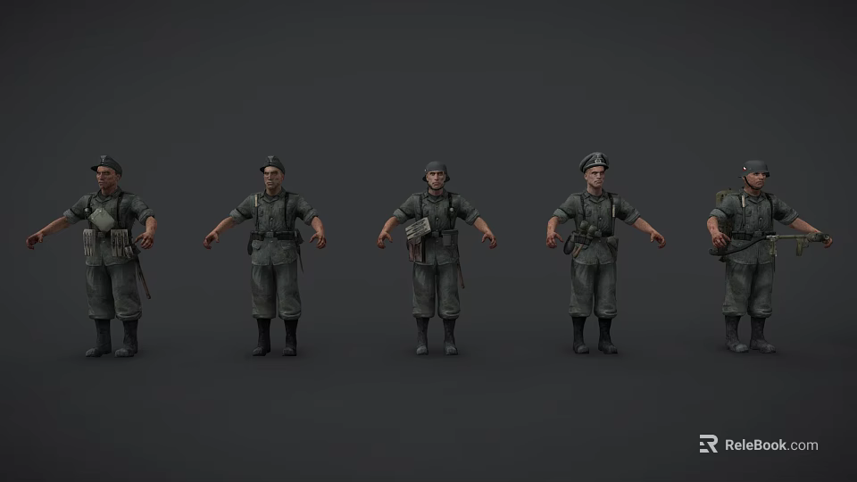 Military Game Movie Characters in Green Uniforms with Different Poses 3d model 