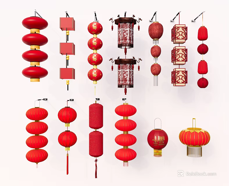 Traditional Red Chinese Lanterns Featuring Stacked Multi layer and Patterned Festive Decorative Styles 3d model 