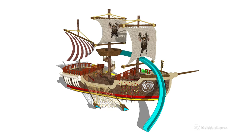 Pirate Ship Playground Equipment With Striped Sails Skull Motifs Blue Slide And Climbing Net 3d model 