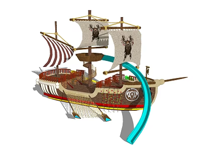 Pirate Ship Playground Equipment With Striped Sails Skull Motifs Blue Slide And Climbing Net 3d model