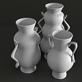 White Ceramic Vases With Unique Shapes Displayed On Dark Background Tabletop 3d model