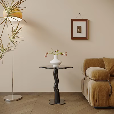 Stylish Modern Side Table With Vase Flowers Sofa Floor Lamp Tall Plant And Framed Artwork 3d model