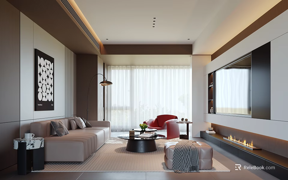 Modern Living Room Interior Design With Beige Sofa Red Armchair Large Window And Fireplace 3d model 
