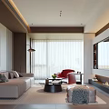 Modern Living Room Interior Design With Beige Sofa Red Armchair Large Window And Fireplace
