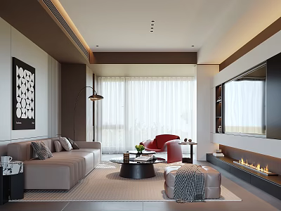 Modern Living Room Interior Design With Beige Sofa Red Armchair Large Window And Fireplace 3d model