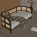 Stylish Single Sofa With Rattan Frame Beige Cushion Throw Pillow And Blanket On Wooden Floor