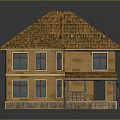 Cartoon Scene of a House With Brown Tile Roof Brick Walls Windows Porch and Steps