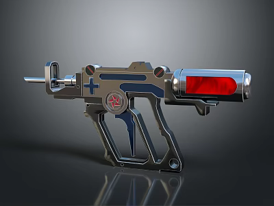 Futuristic Sci Fi Gun Weapon With Silver Metal Body Blue Accents Red Component And Emblem Details 3d model
