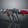 Futuristic Sci Fi Gun Weapon With Silver Metal Body Blue Accents Red Component And Emblem Details